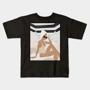 Girl on the beach, Boho style art, Mid century art Kids T-Shirt